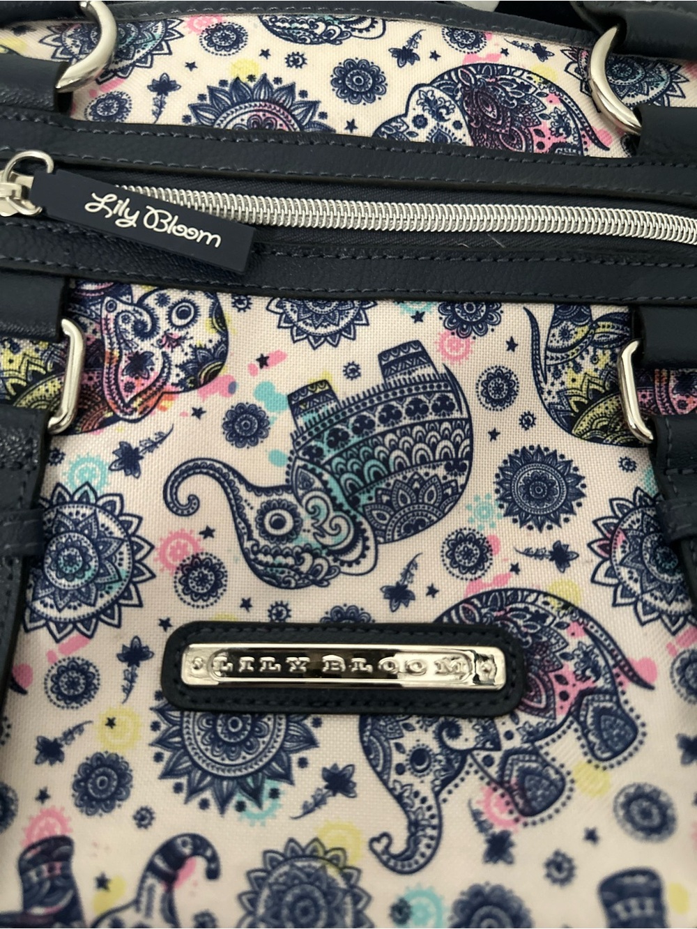Lily Bloom Maggie Satchel Navy White Mandala Elephant Shoulder Bag - Picture 4 of 9